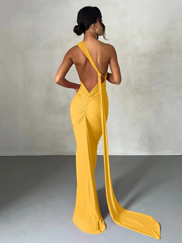 One-Shoulder Scarf Loop Maxi Dress