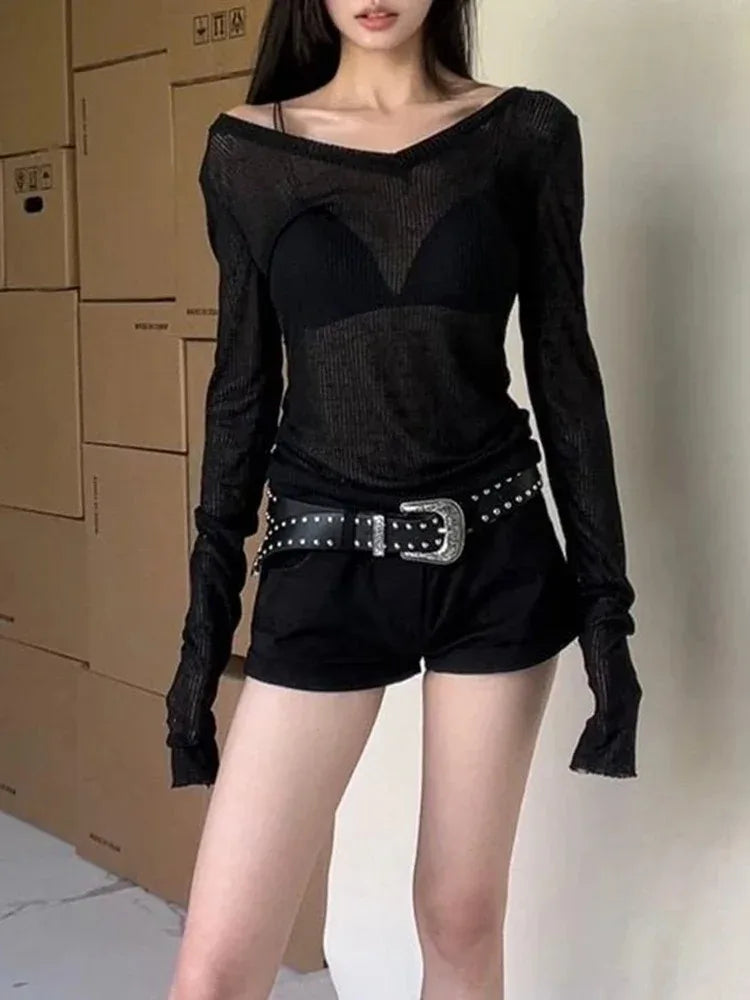 Sheer Stretch V-Neck Long Sleeve Tee