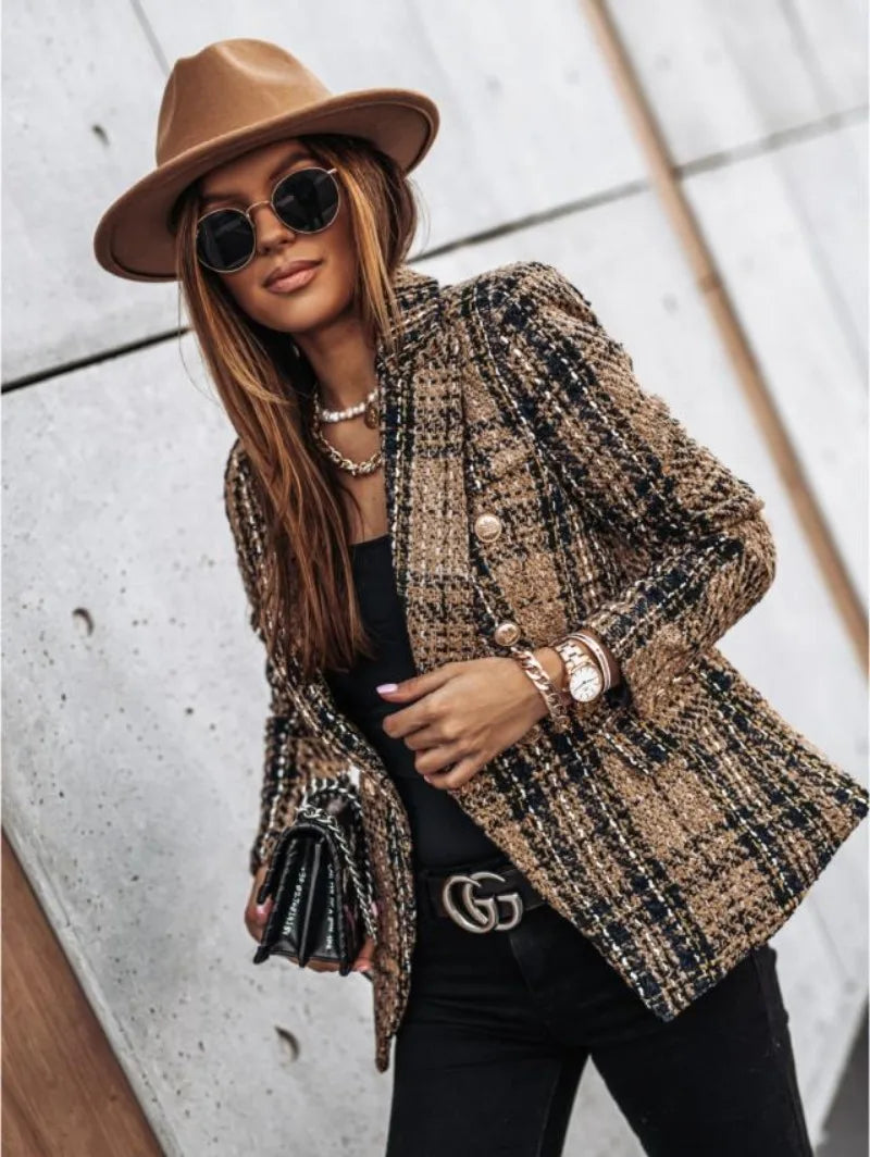 Vintage Plaid Double-Breasted Blazer