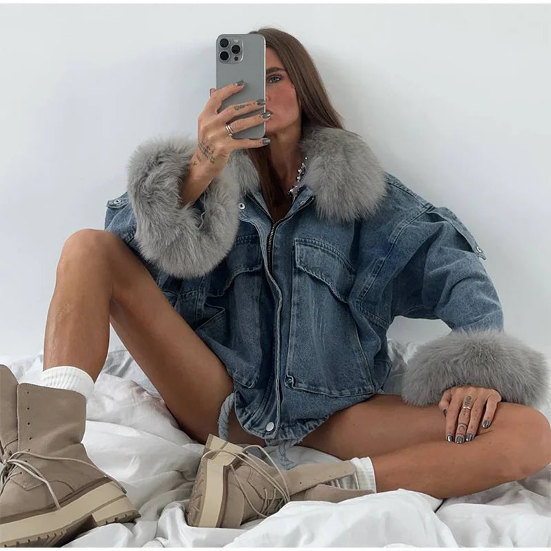 Faux Fur Collar & Cuffs Denim Jacket