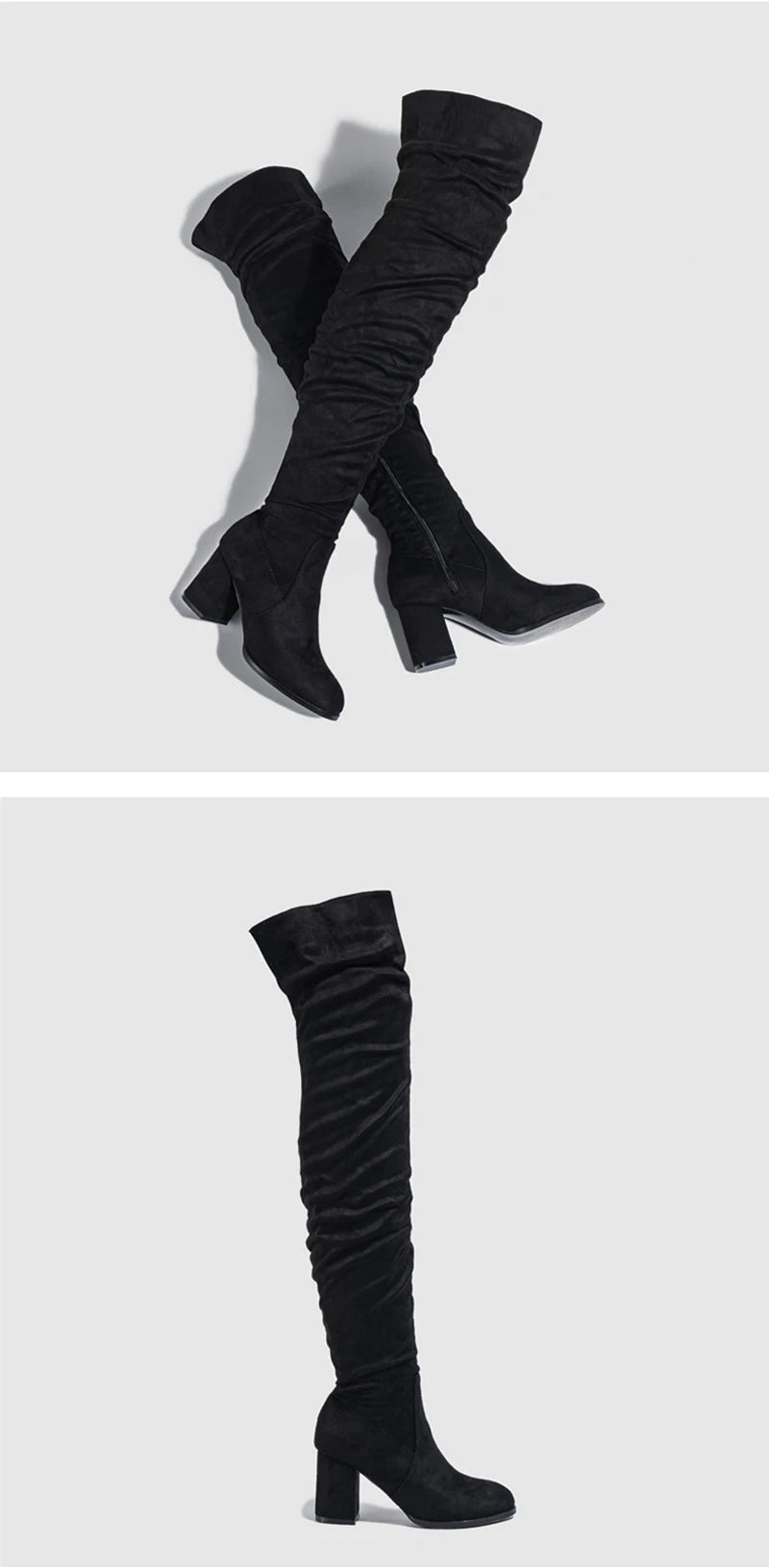 Zip-Up Flock Thigh-High Boots