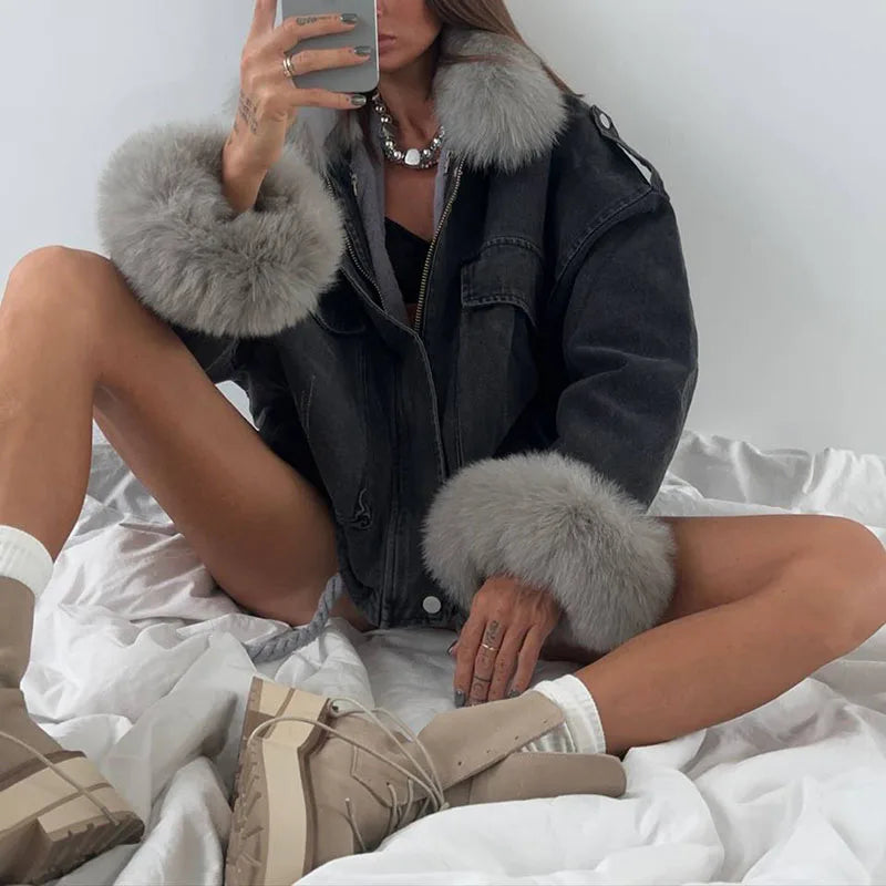 Faux Fur Collar & Cuffs Denim Jacket
