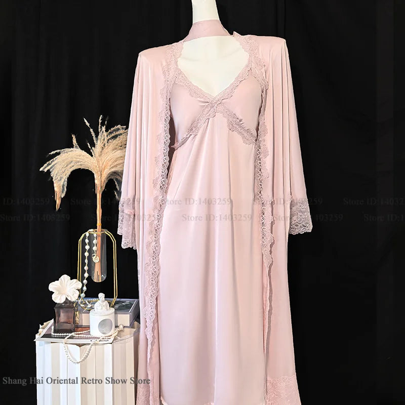 New Female Long Robe Nightgown Set Sexy Lace Trim Sleepwear Suspender Nightdress Spring Summer Casual Satin Home Dress Bathrobe