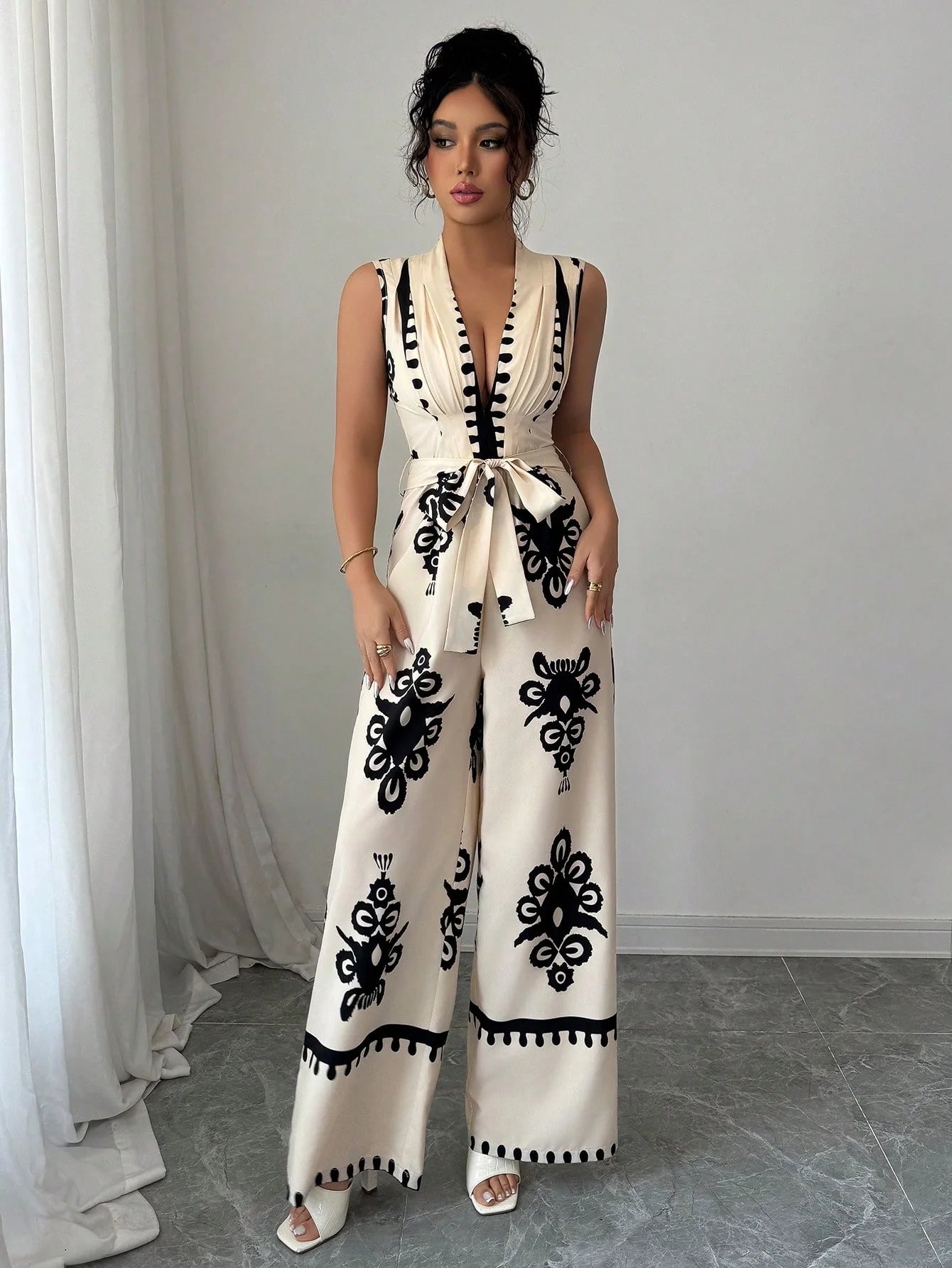 High Street V-Neck Lace-Up Wide Leg Jumpsuit