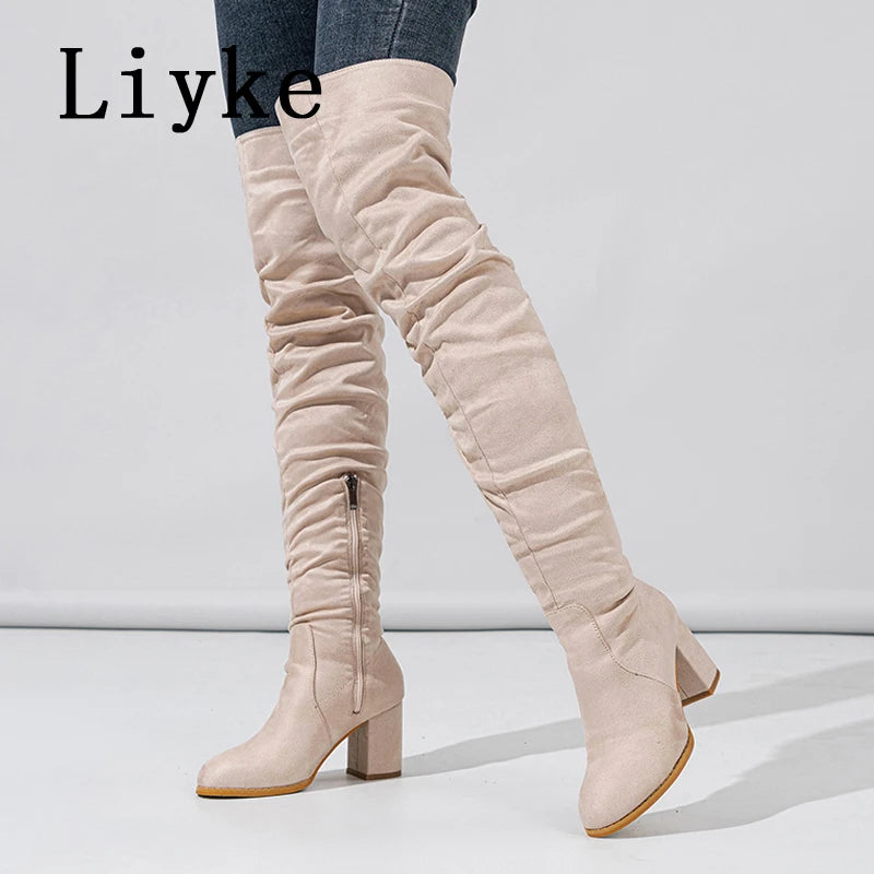 Zip-Up Flock Thigh-High Boots