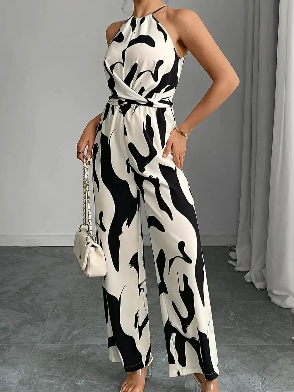 Zebra Charm Lace-Up Wide Leg Jumpsuit