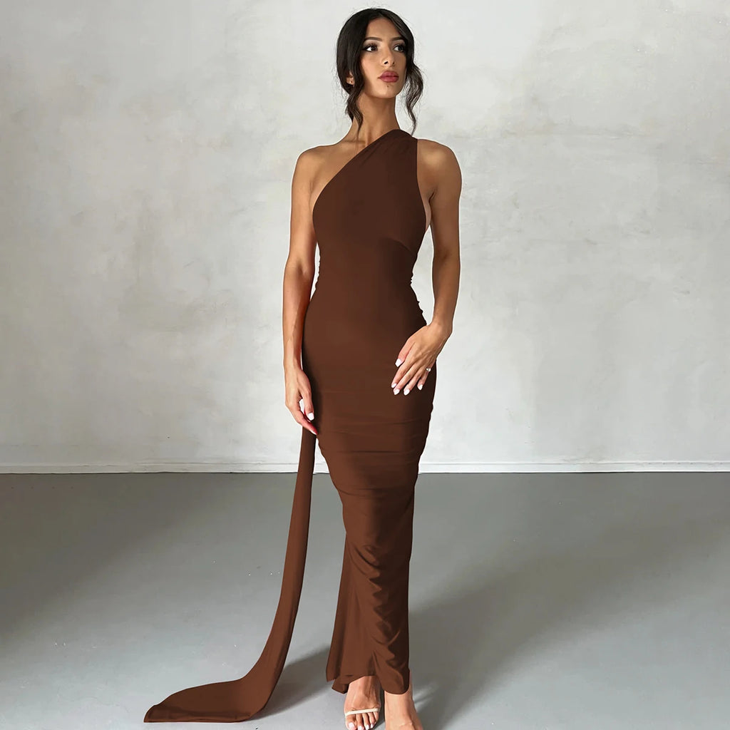 One-Shoulder Scarf Loop Maxi Dress