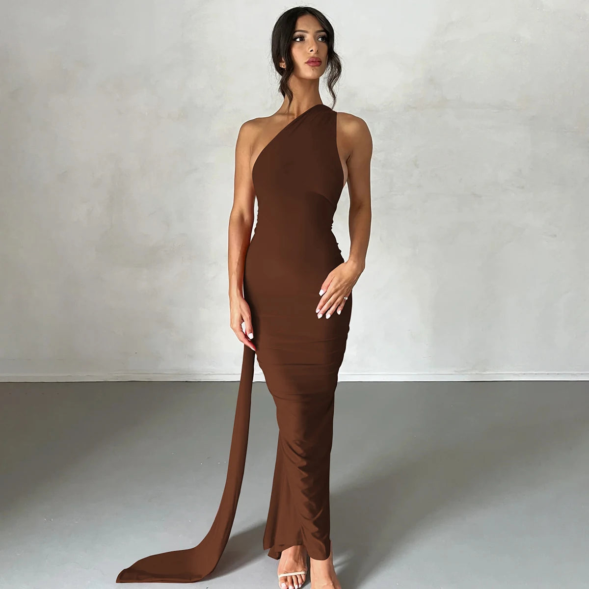 One-Shoulder Scarf Loop Maxi Dress