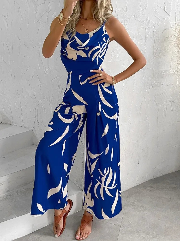 Elegant High-Waist Printed Wide-Leg Jumpsuit