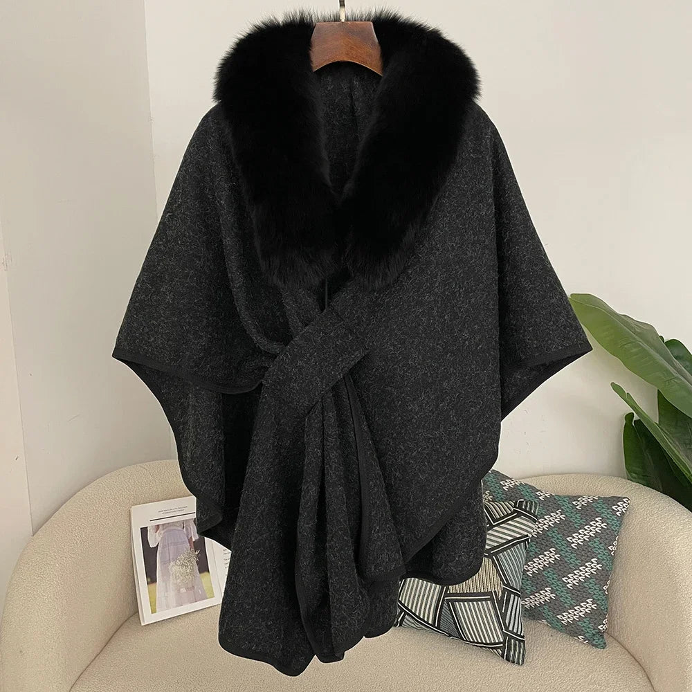 Luxury Faux Fur Cape Shawl with Belt
