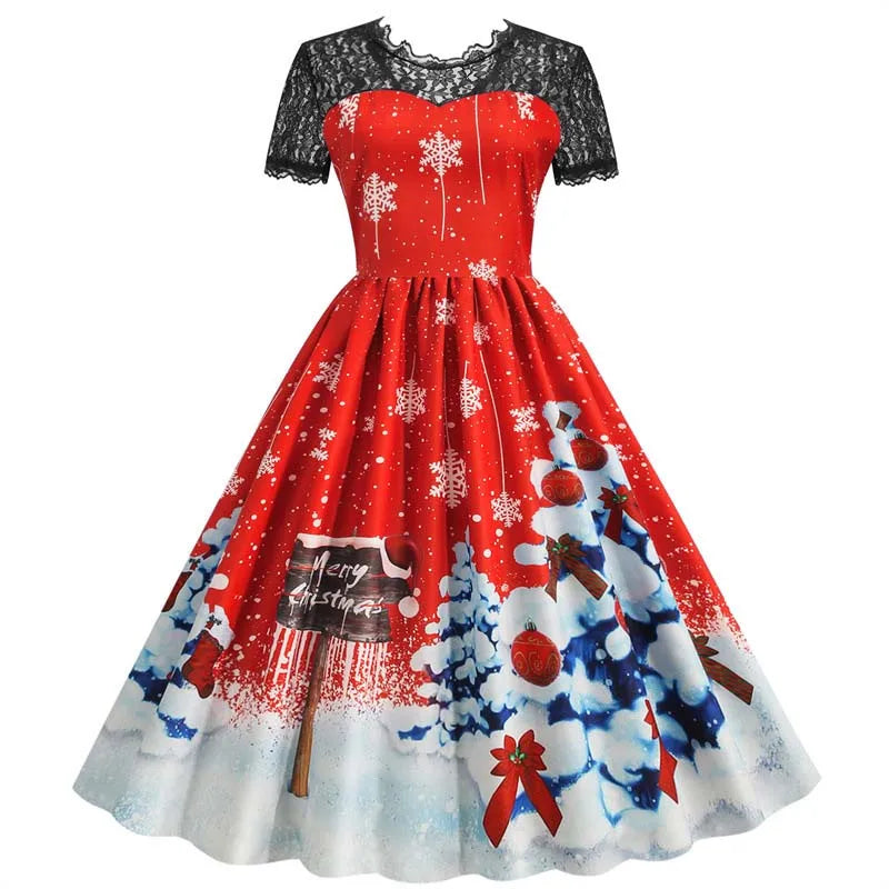 Holiday Lace-Trim Vintage Waist Dress