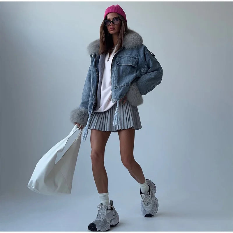Faux Fur Collar & Cuffs Denim Jacket