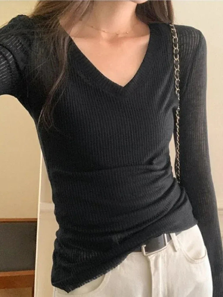 Sheer Stretch V-Neck Long Sleeve Tee