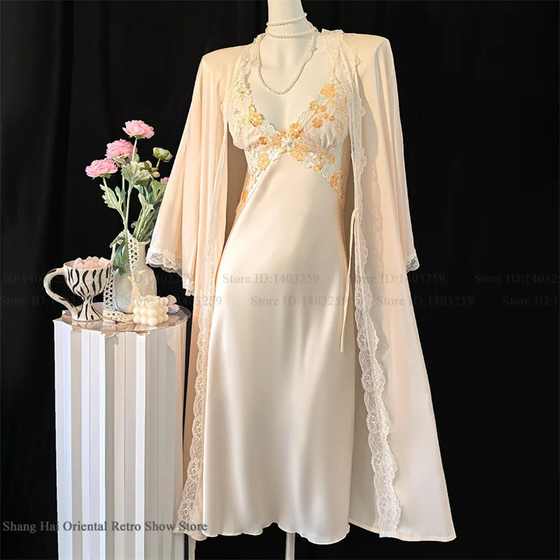 New Female Long Robe Nightgown Set Sexy Lace Trim Sleepwear Suspender Nightdress Spring Summer Casual Satin Home Dress Bathrobe