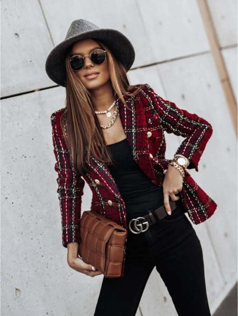 Vintage Plaid Double-Breasted Blazer