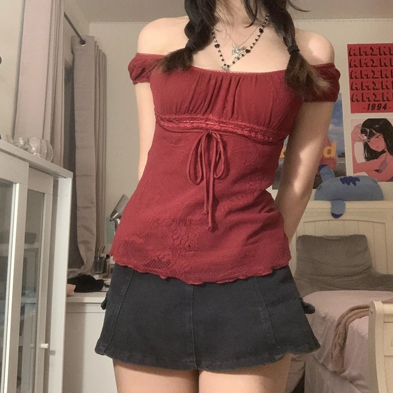 Elegant Lady Square Collar Kawaii Bow Crop Top