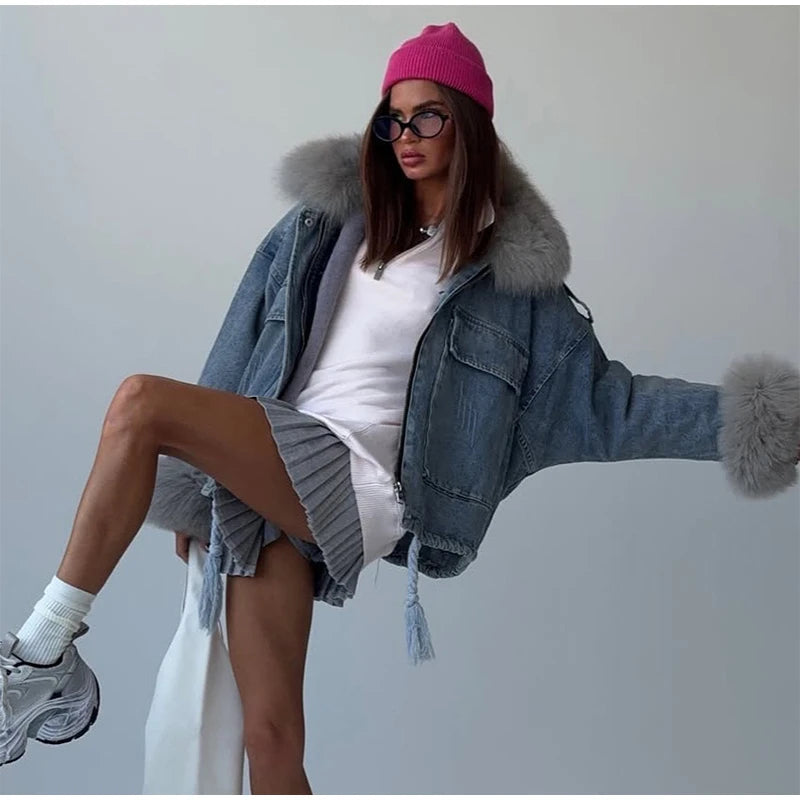 Faux Fur Collar & Cuffs Denim Jacket