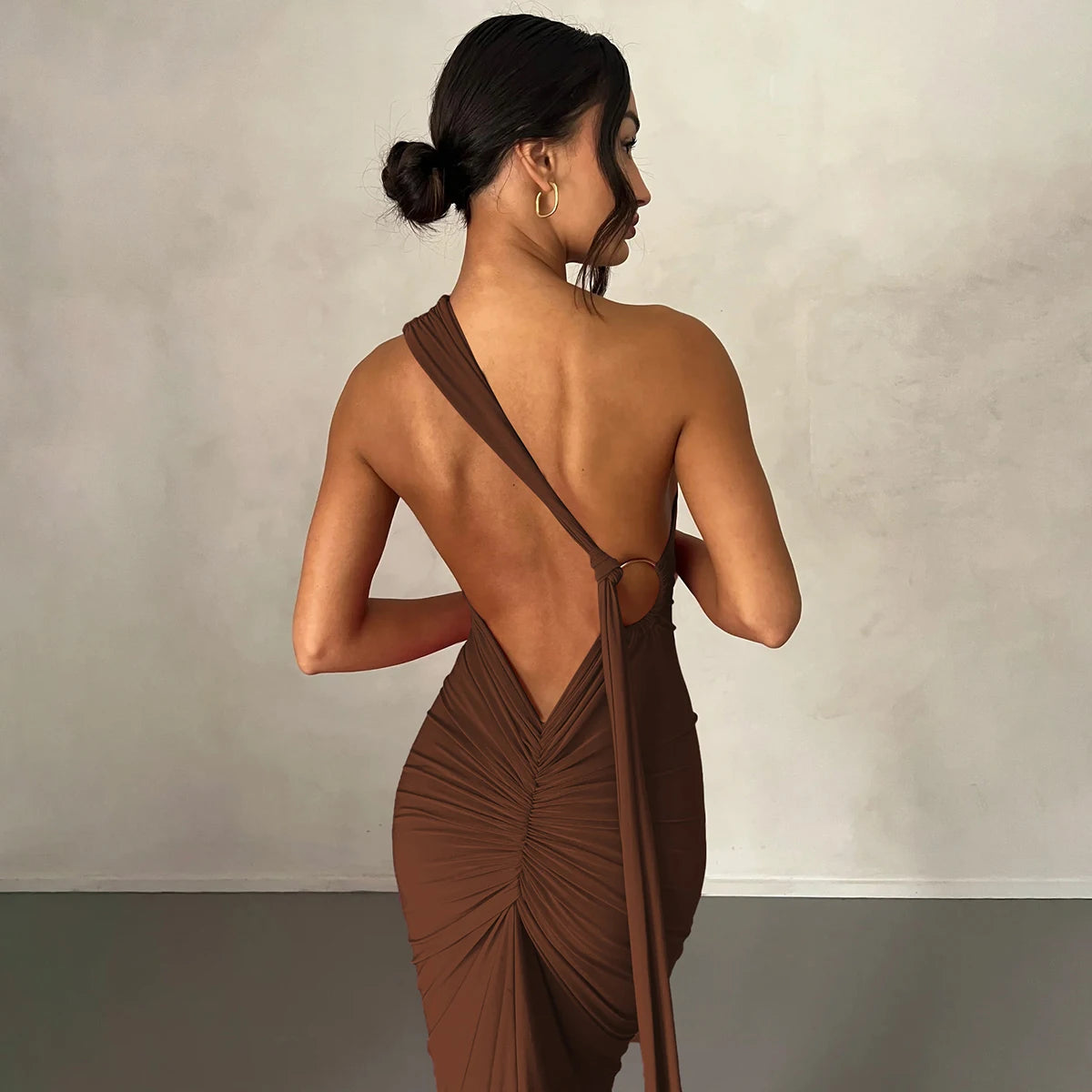 One-Shoulder Scarf Loop Maxi Dress