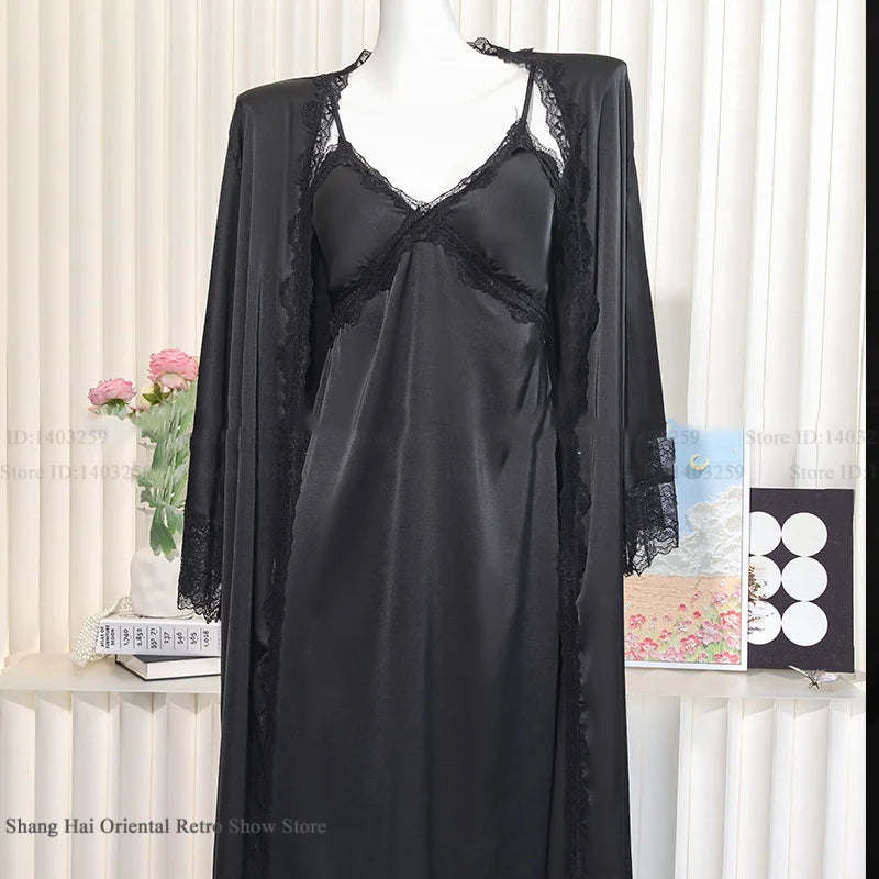 New Female Long Robe Nightgown Set Sexy Lace Trim Sleepwear Suspender Nightdress Spring Summer Casual Satin Home Dress Bathrobe