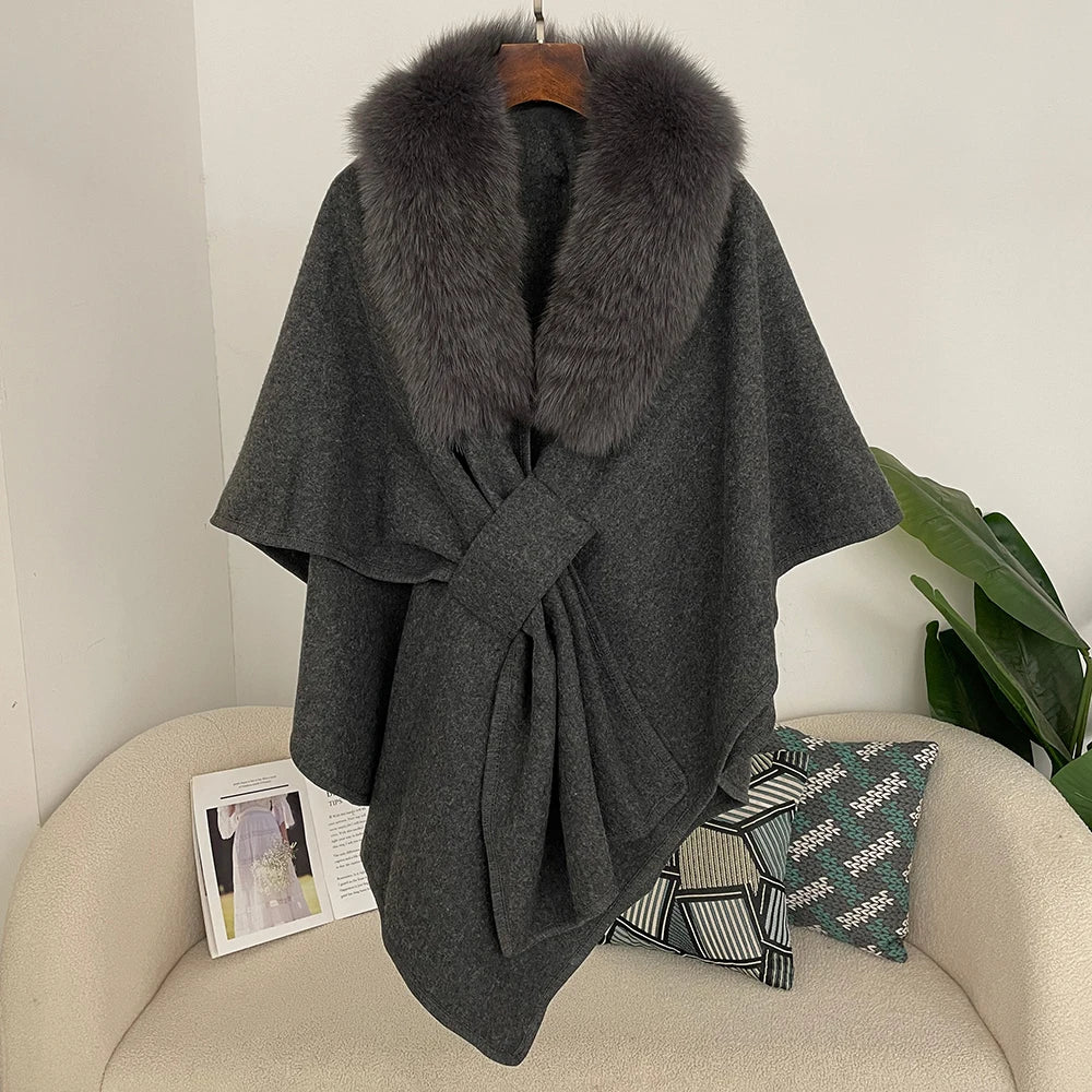 Luxury Faux Fur Cape Shawl with Belt