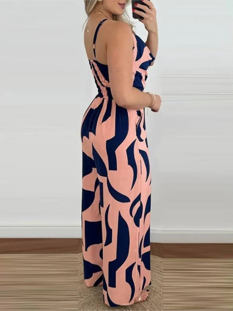Elegant High-Waist Printed Wide-Leg Jumpsuit