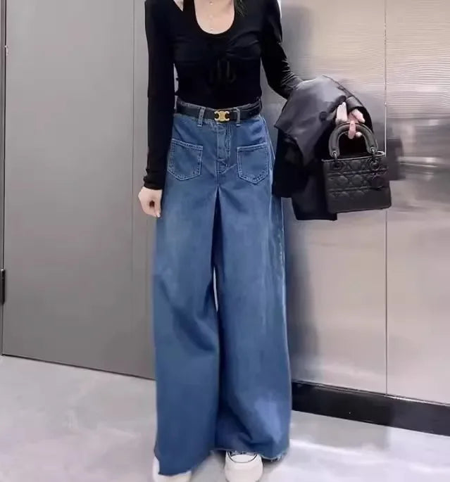Retro High-Waist Wide-Leg Denim Pants