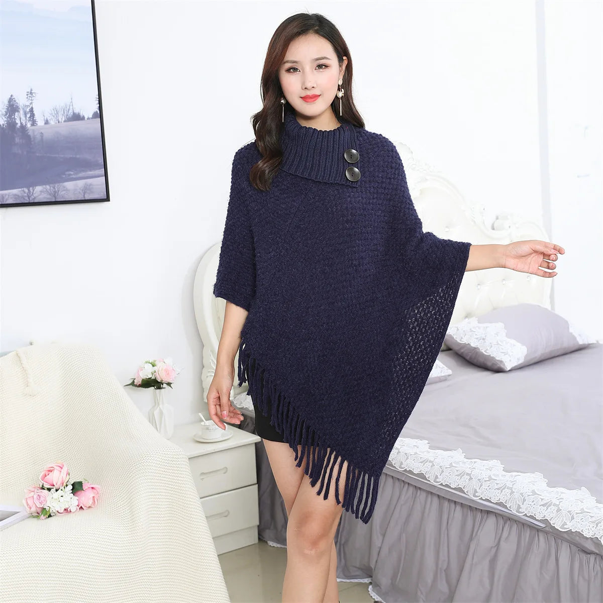 Boho Fringe Knit Cape