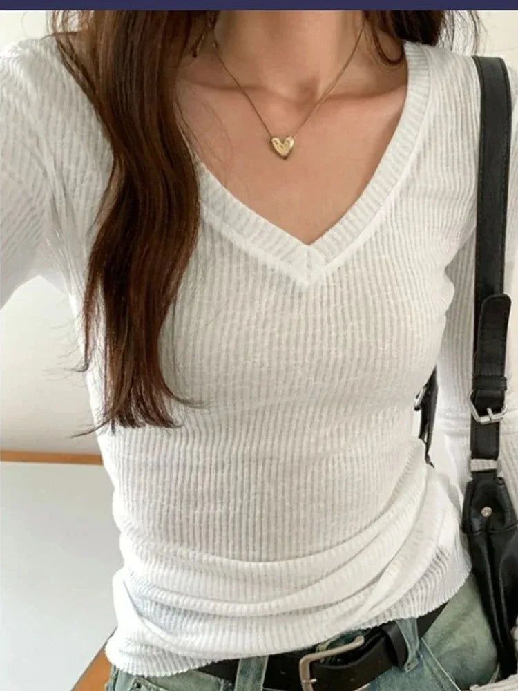 Sheer Stretch V-Neck Long Sleeve Tee