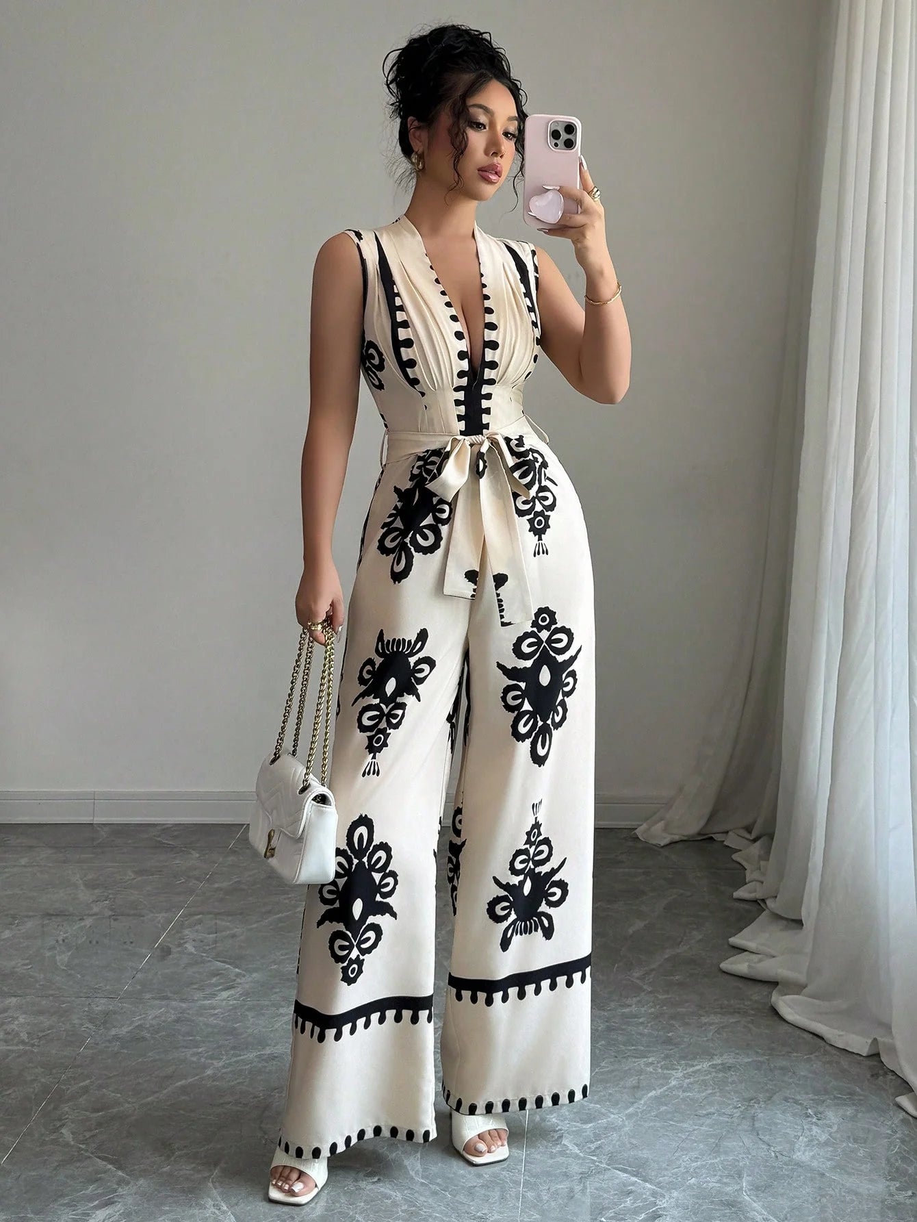 High Street V-Neck Lace-Up Wide Leg Jumpsuit