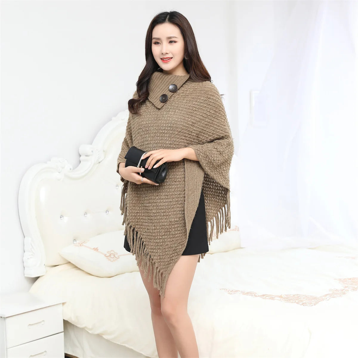 Boho Fringe Knit Cape