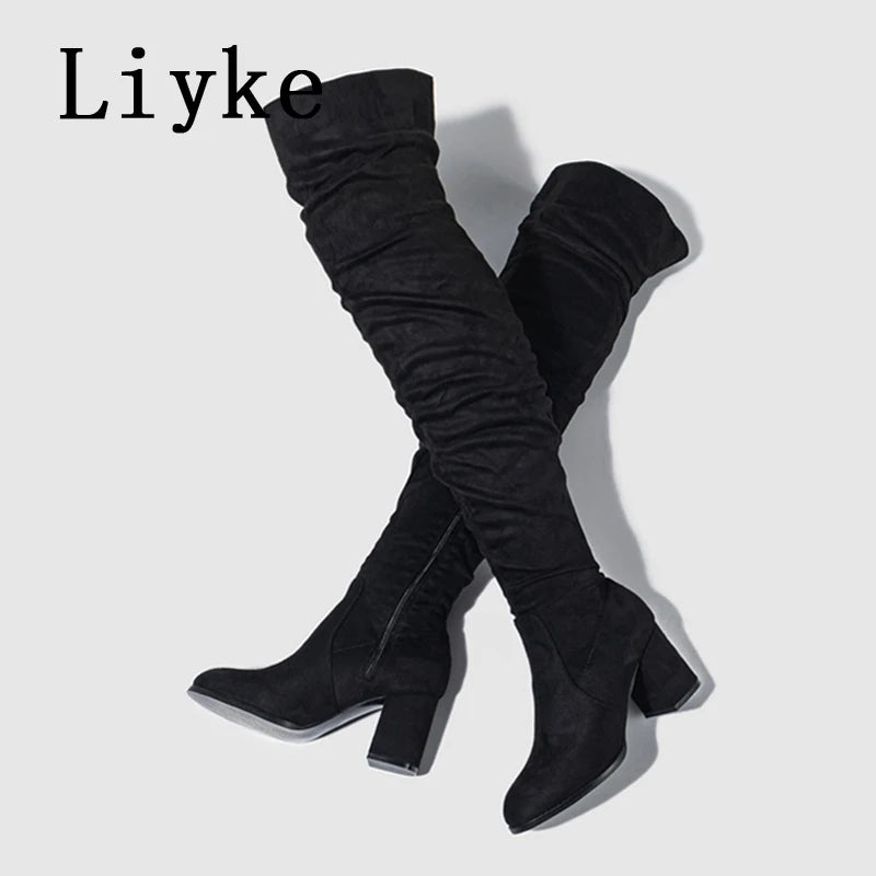 Zip-Up Flock Thigh-High Boots