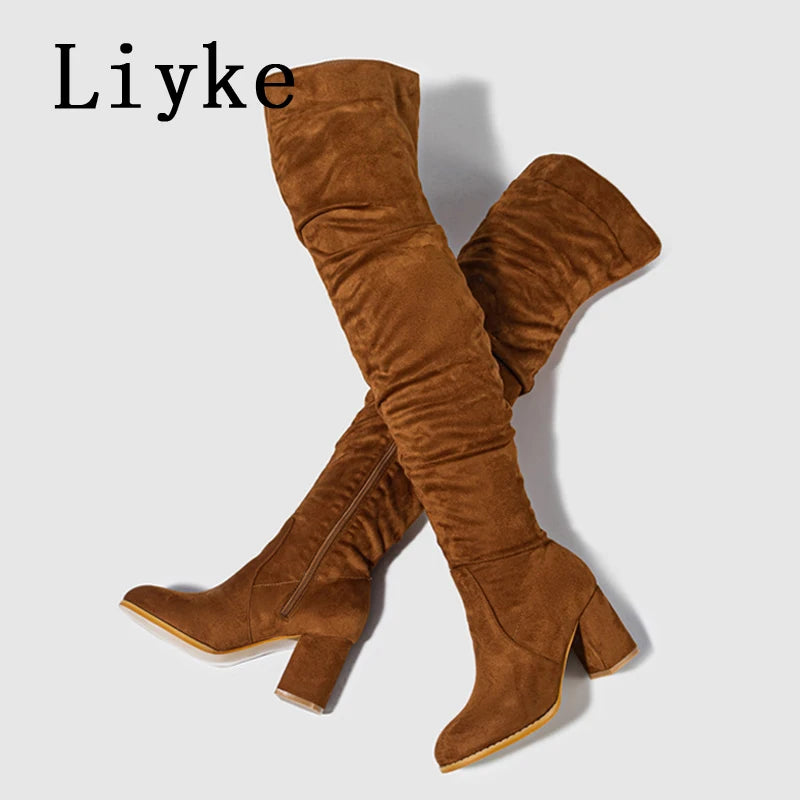 Zip-Up Flock Thigh-High Boots