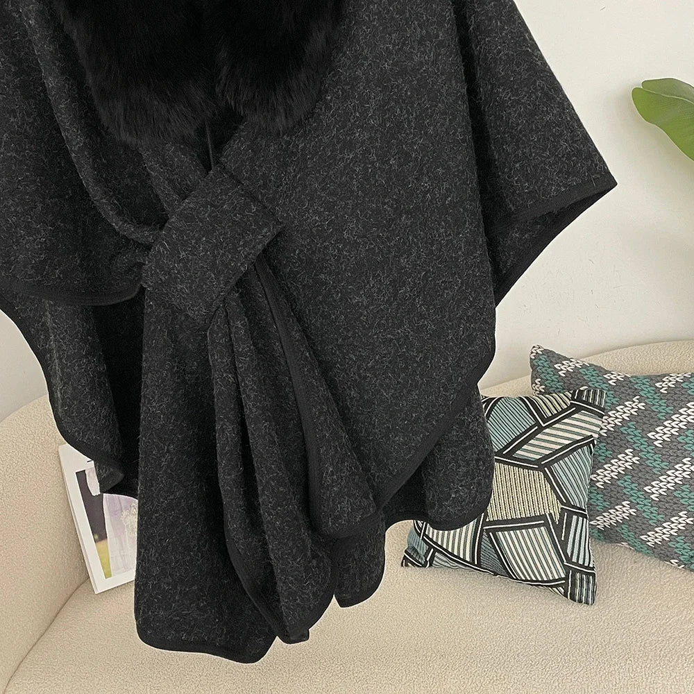 Luxury Faux Fur Cape Shawl with Belt