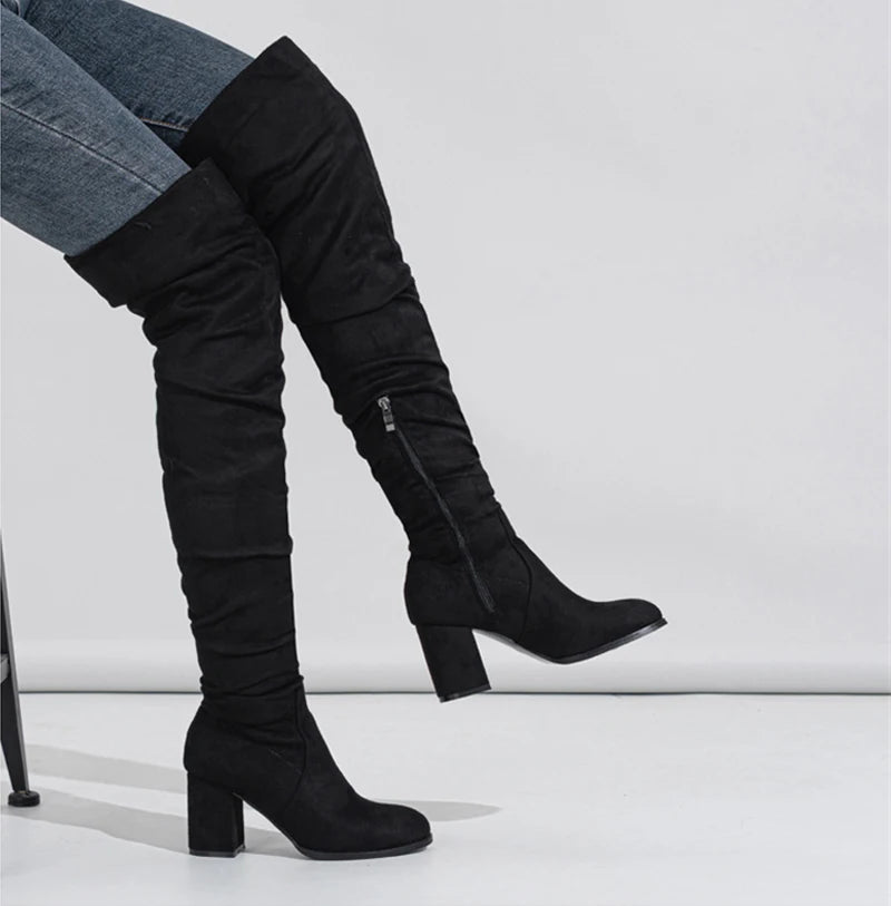 Zip-Up Flock Thigh-High Boots