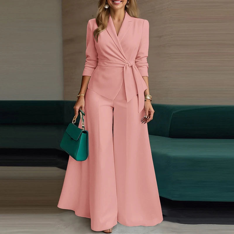 ZANZEA Women’s Belted Blazer & Wide-Leg Pant Set