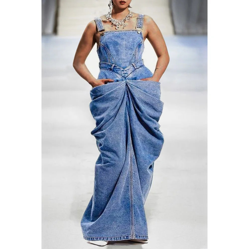 Bow Denim Maxi Overall Dress