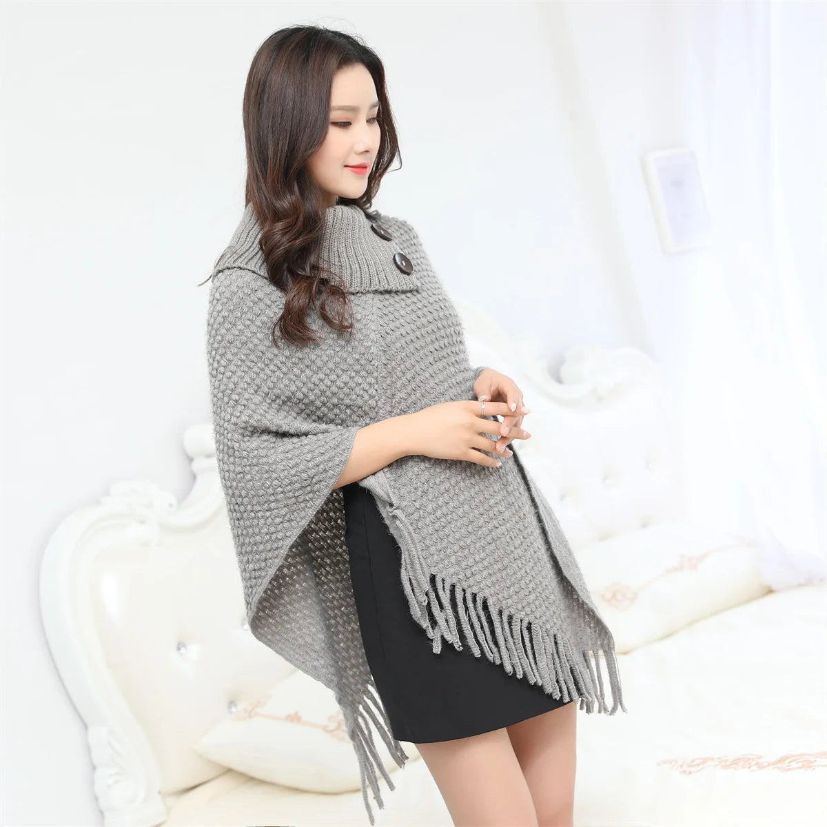 Boho Fringe Knit Cape