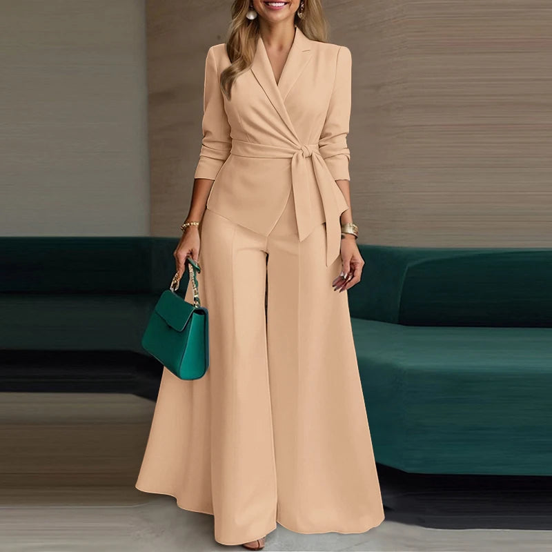ZANZEA Women’s Belted Blazer & Wide-Leg Pant Set