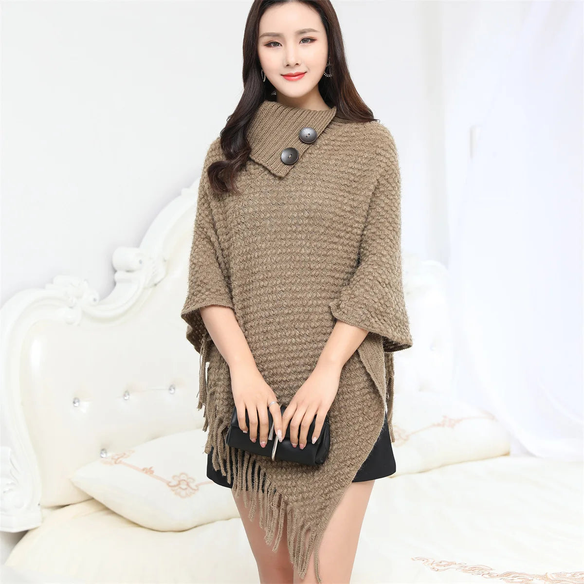 Boho Fringe Knit Cape