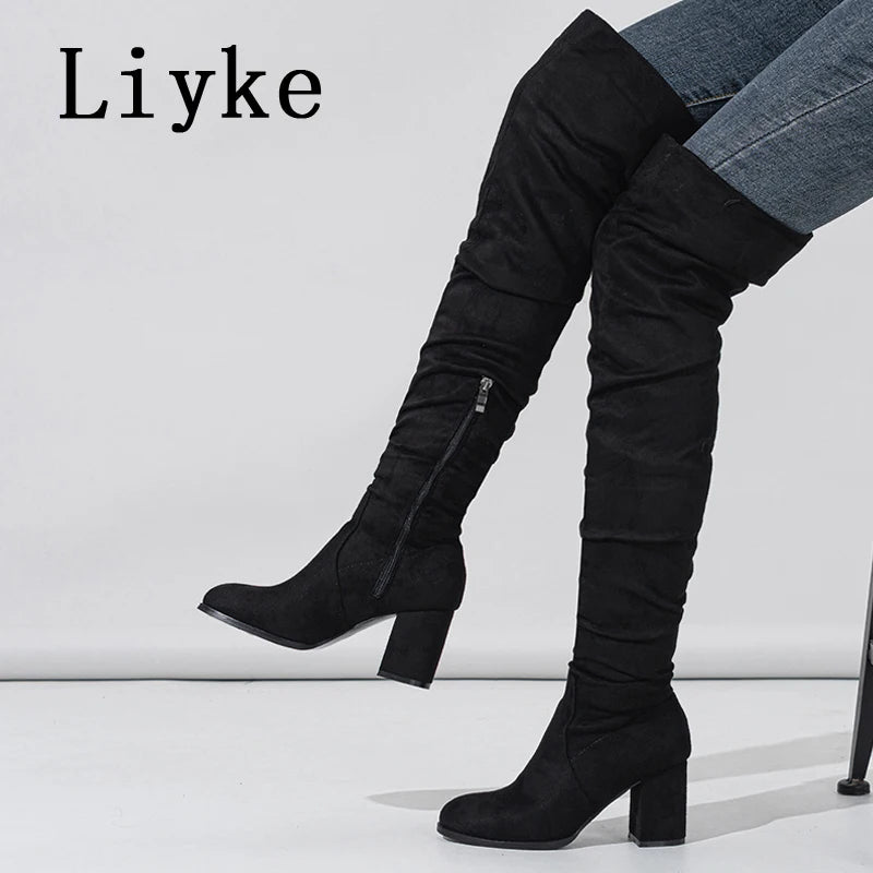 Zip-Up Flock Thigh-High Boots