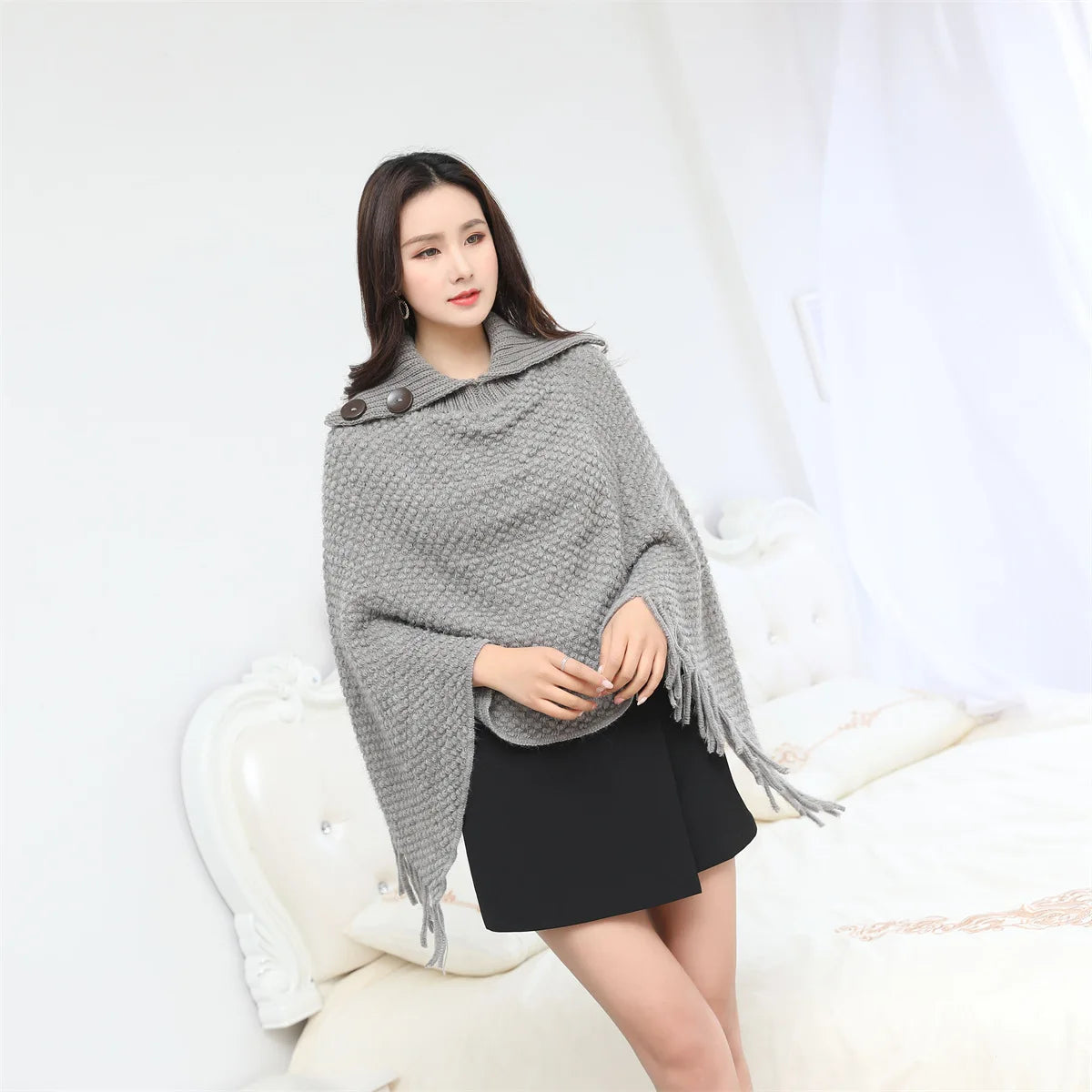 Boho Fringe Knit Cape