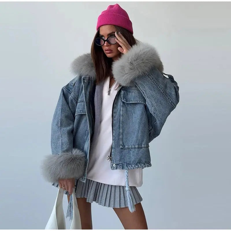 Faux Fur Collar & Cuffs Denim Jacket