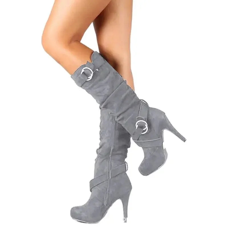 Suede-Style Buckle Knee-High Stiletto Boots for Women