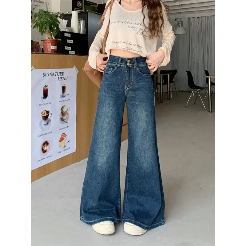 High-Waist Wide-Leg Stretch Denim Pants