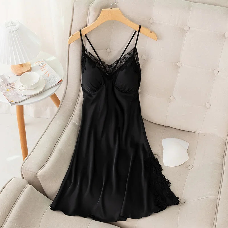 New Female Long Robe Nightgown Set Sexy Lace Trim Sleepwear Suspender Nightdress Spring Summer Casual Satin Home Dress Bathrobe