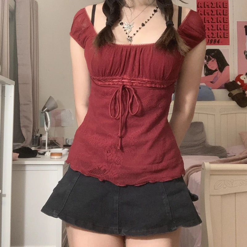 Elegant Lady Square Collar Kawaii Bow Crop Top