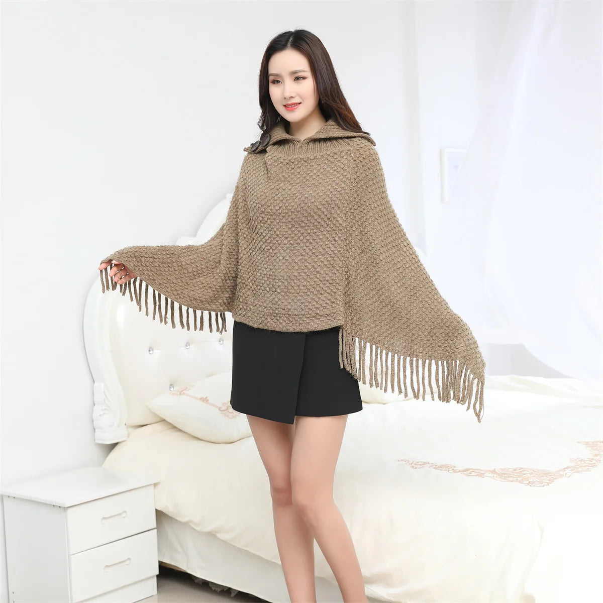 Boho Fringe Knit Cape