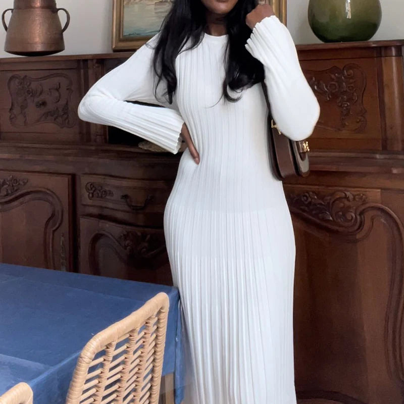 Ribbed Knit Tie-Waist Maxi Bodycon Dress