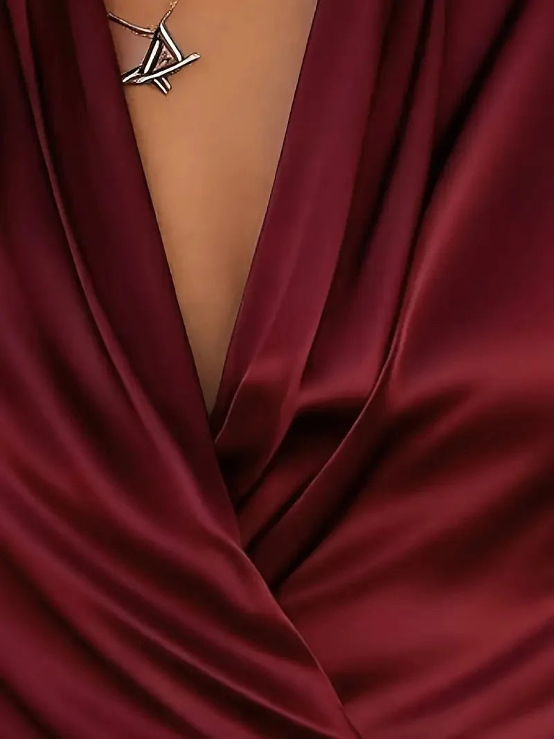 Elegant Satin V-Neck Pleated Blouse