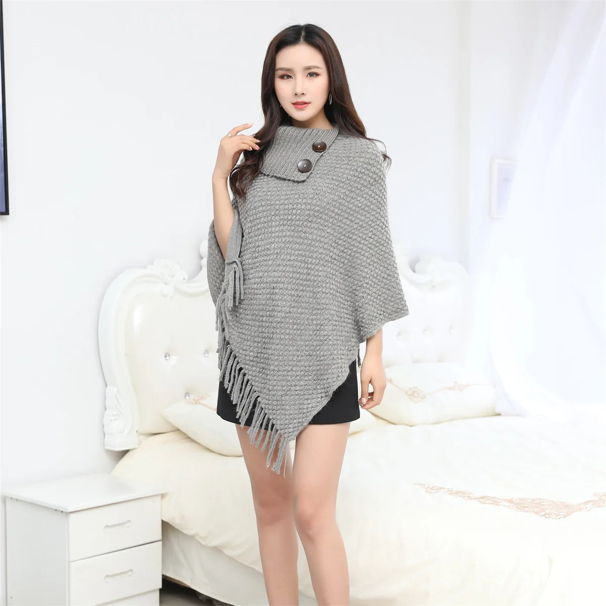 Boho Fringe Knit Cape